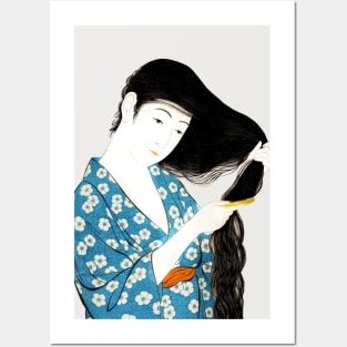 Japanese beauty Geisha in Kimono styling her hair - Japanese art Posters and Art